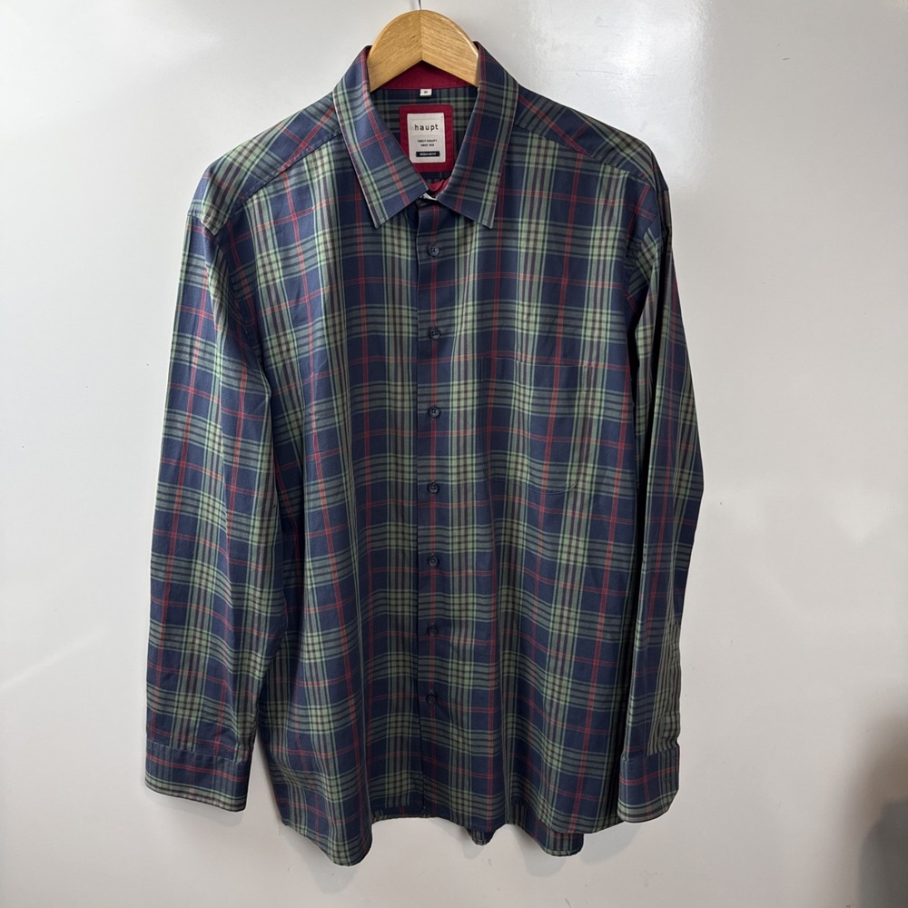 Haupt Men's Green Blue Red Plaid 100% Cotton Long Sleeve  Size XL (43/44) 17.5